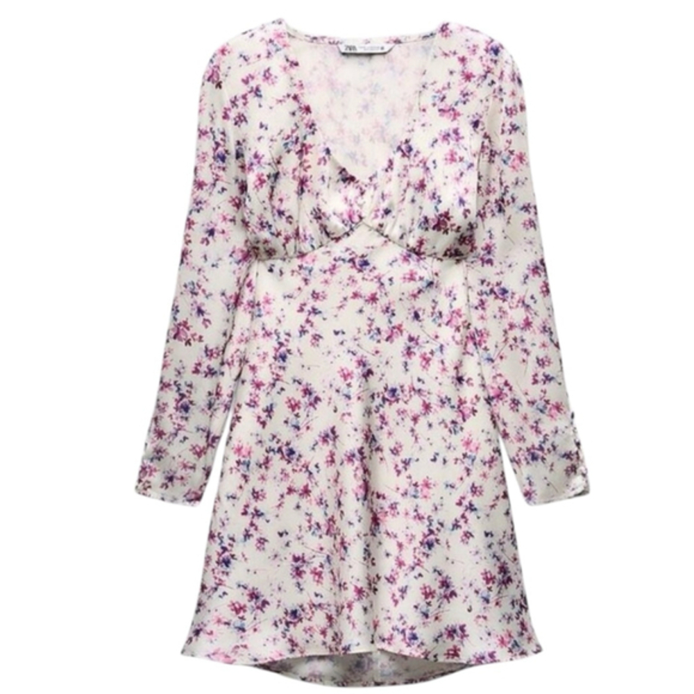 Zara Mini Dress Satin Effect Floral Ultrafem Milkmaid Size M White New w Tags